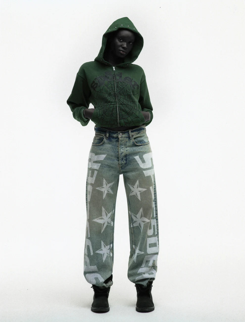 Sp5der Green Studded Web Hoodie