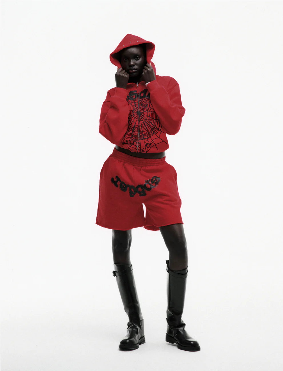 Sp5der Red Studded Web Zip Hoodie