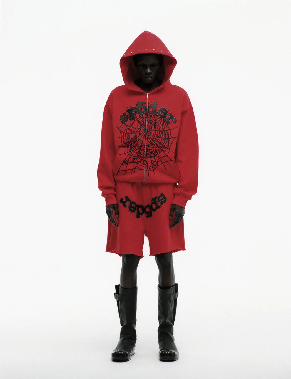 Sp5der Red Studded Web Zip Hoodie