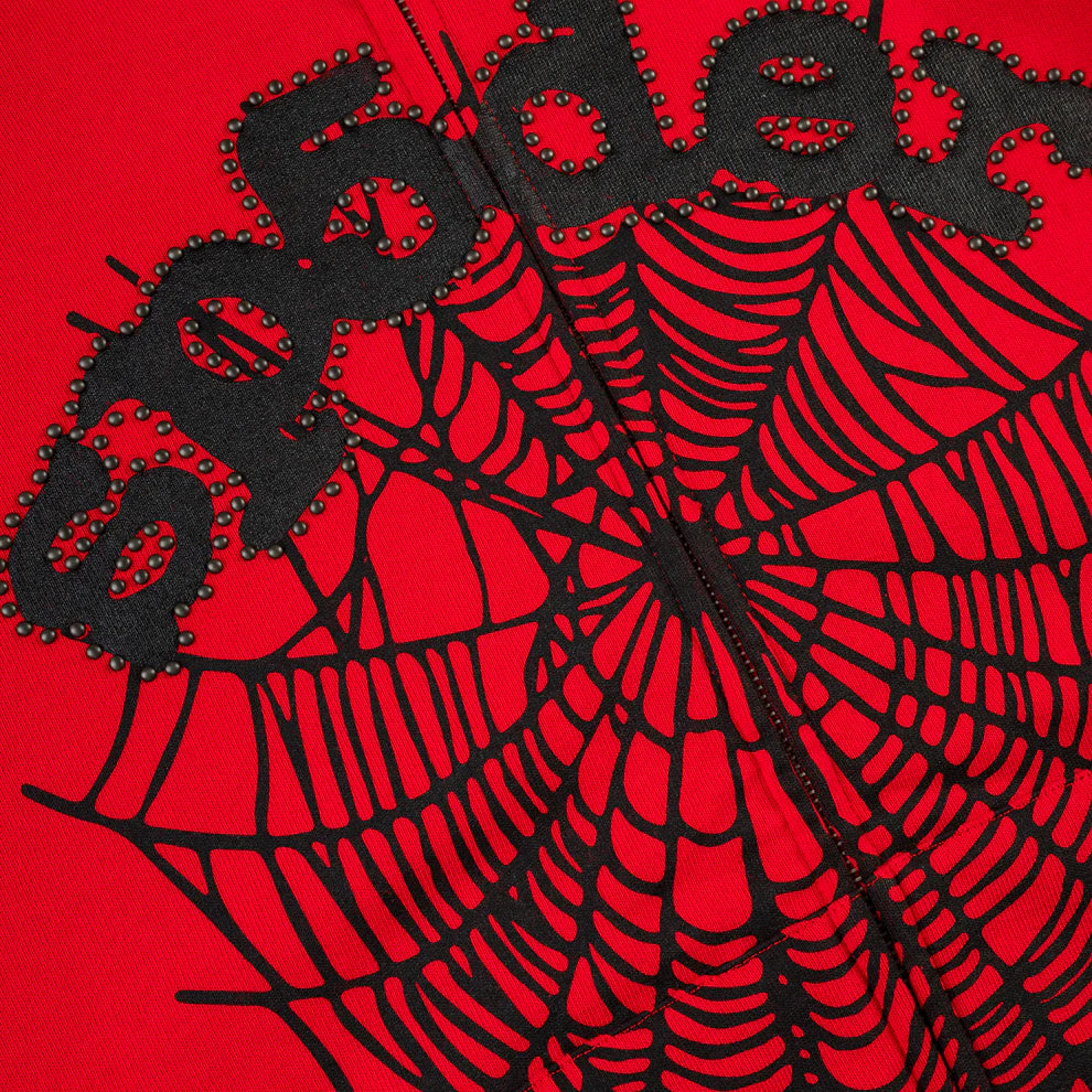 Sp5der Red Studded Web Zip Hoodie