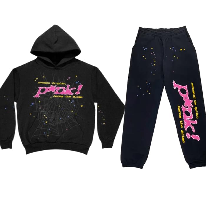 Sp5der Pink Printed Black-Tracksuit
